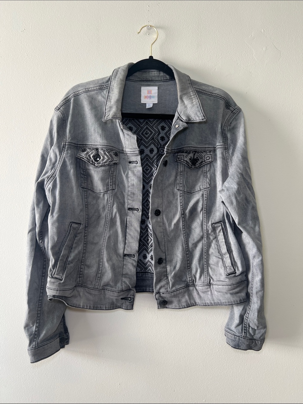 LuLaRoe Gray Denim Jacket with Patterned Lining